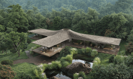 A house with a curved, layered roof surrounded by forest